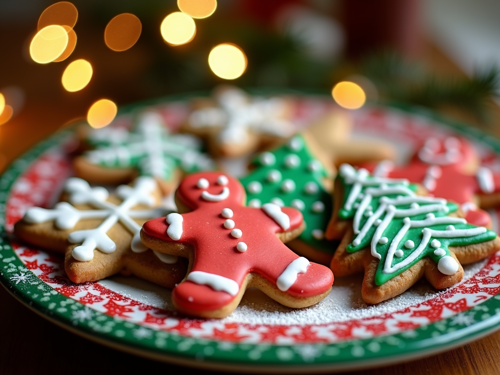  a plate of decorated Christmas cookies on a wooden table. The plate is green and white with a red and white floral pattern. The cookies are in the shape of gingerbread men, Christmas trees, and snowflakes. They are decorated with white icing and have a red nose and mouth. The background is blurred, but it appears to be a Christmas tree with lights. The overall mood of the image is festive and cheerful.