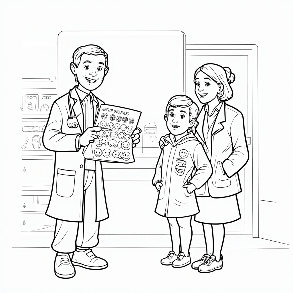 A scene showing a friendly doctor or nurse explaining a vaccine chart (with simple smiley faces for vaccinated and protected) to a child and their parent. Text: 'Understanding how vaccines keep us safe and healthy.'