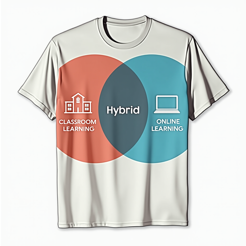 A Venn diagram with two overlapping circles. One circle labeled 'Classroom Learning' with a small building icon, the other 'Online Learning' with a laptop icon. The overlapping section is highlighted and labeled 'Hybrid Learner'.