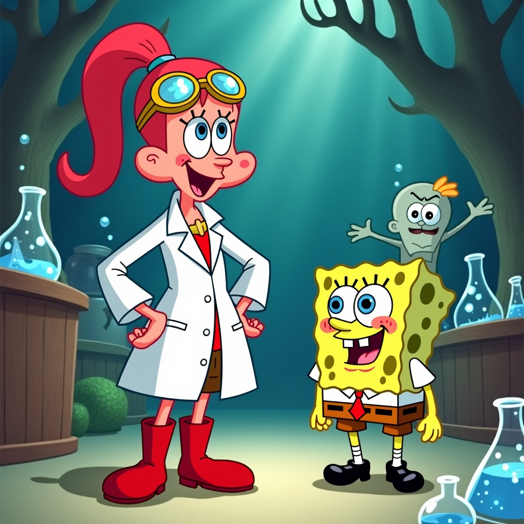 Sandy Cheeks in a scientist outfit, showcasing her latest invention to SpongeBob and Plankton feigning interest in the background.