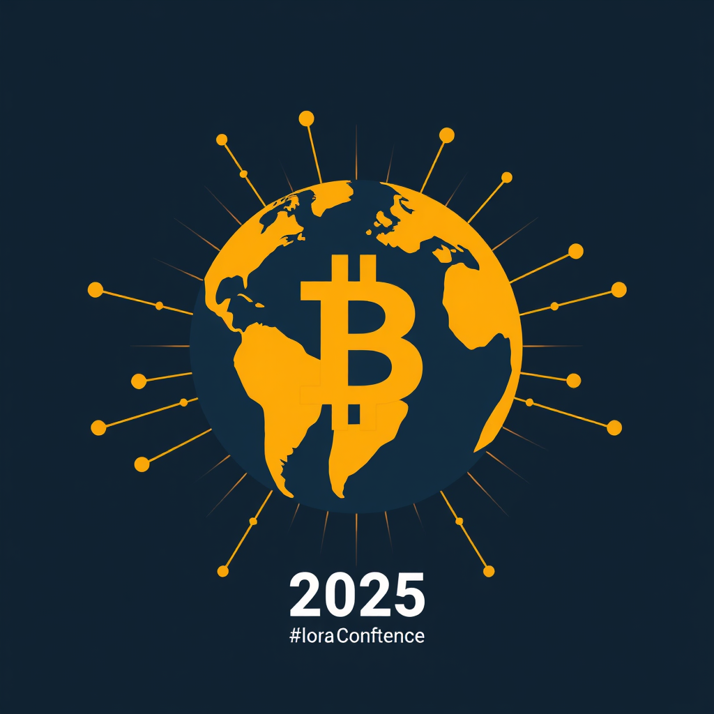 A stylized globe integrating the Bitcoin symbol (₿), with radiating network lines illustrating worldwide adoption. '2025' is prominently featured, marking the conference and global ledger theme.