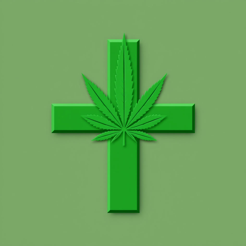 A simple, bold, and equal-armed green cross. A very faint, uniformly applied cannabis leaf silhouette texture is embossed across its entire surface, ensuring recognizability even at small icon sizes while hinting at its specific domain.