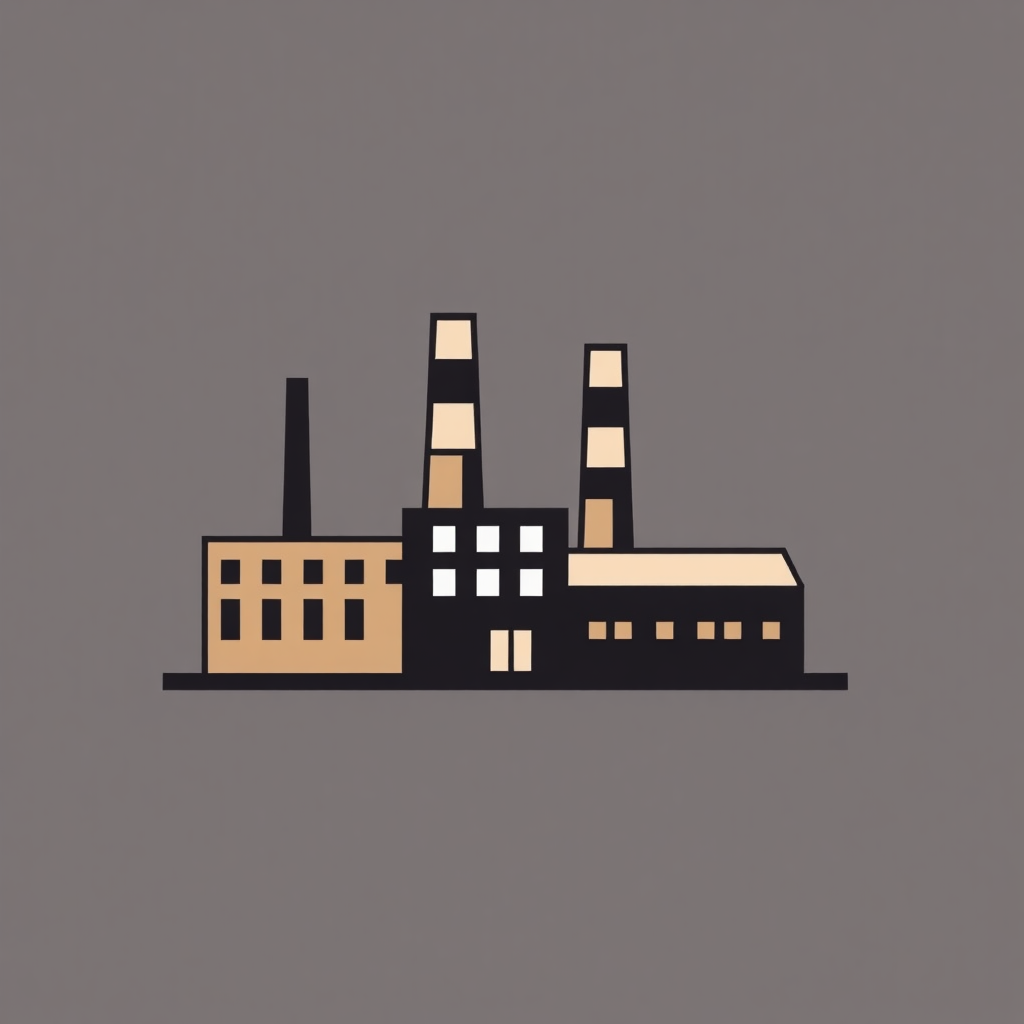 The image is an illustration of a factory building. The building is rectangular in shape and has multiple levels with windows and doors. It has two tall chimneys on either side of the building, which are black and white in color. The chimneys are tall and cylindrical, and they appear to be made of metal. The background is a light grey color, and the building is outlined in black. The overall design is simple and minimalistic.