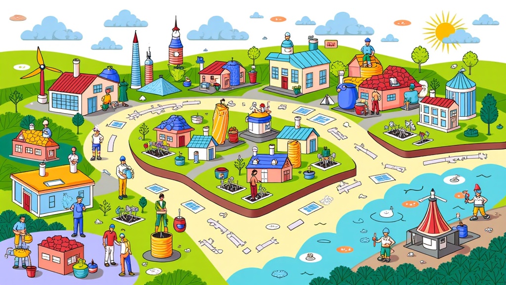 Interconnected Ecosystem of Circularity: Visualize a cityscape or community where every element contributes to and benefits from a circular flow. Show renewable energy powering businesses, waste from one industry becoming a resource for another, green infrastructure supporting local ecosystems, and citizens actively participating (e.g., community gardens, sharing platforms).