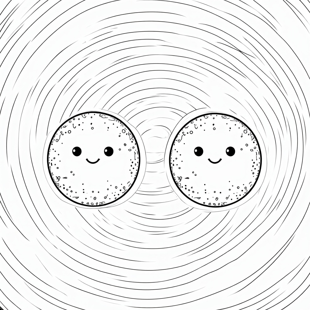 Split Page Design: Show two separate but identical-looking stylized particles (the 'twins') on opposite sides of a page. A swirling cosmic background connects them, perhaps with a subtle visual link like a shared color aura or a thin, glowing line. The particles could have simple, distinct features that can be colored differently, but their core shape should be identical.