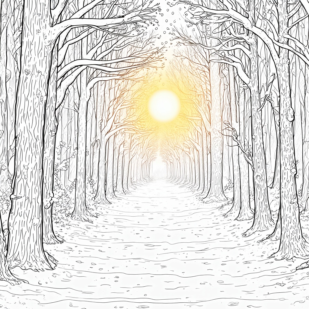 An enchanting winter forest path blanketed by pristine white snow. Snow clings to the branches of the towering trees, and delicate snowflakes fall gently from the sky. The sun peeks through the branches, casting a warm, golden glow on the path.