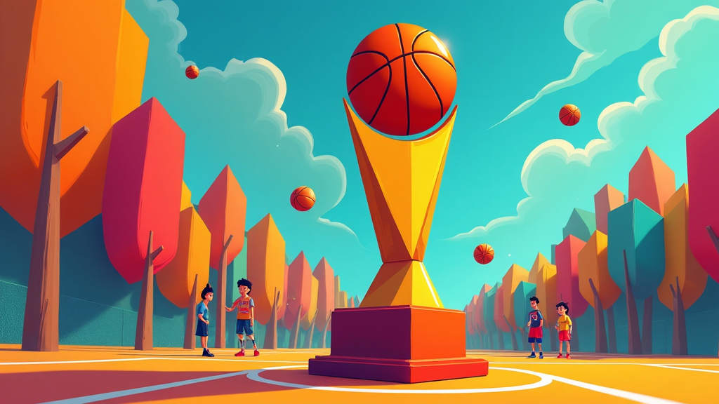 Cubist interpretation of the NBA Trophy, with geometric shapes in bold primary colors. The basketball and base are deconstructed into angular segments, providing an innovative perspective of the trophy's iconic features.