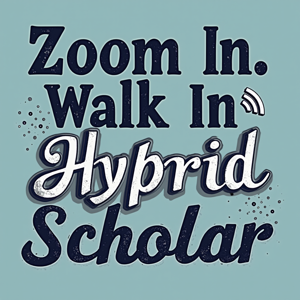 Typographic Contrast: 'Zoom In' rendered in a modern, sans-serif, or even pixelated font. 'Walk In' rendered in a more traditional, serif, or handwritten-style font. Small, subtle icons related to each mode (e.g., Wi-Fi symbol for Zoom, book for Walk In) could accompany the text. 'Hybrid Scholar' displayed prominently, perhaps in a collegiate font.