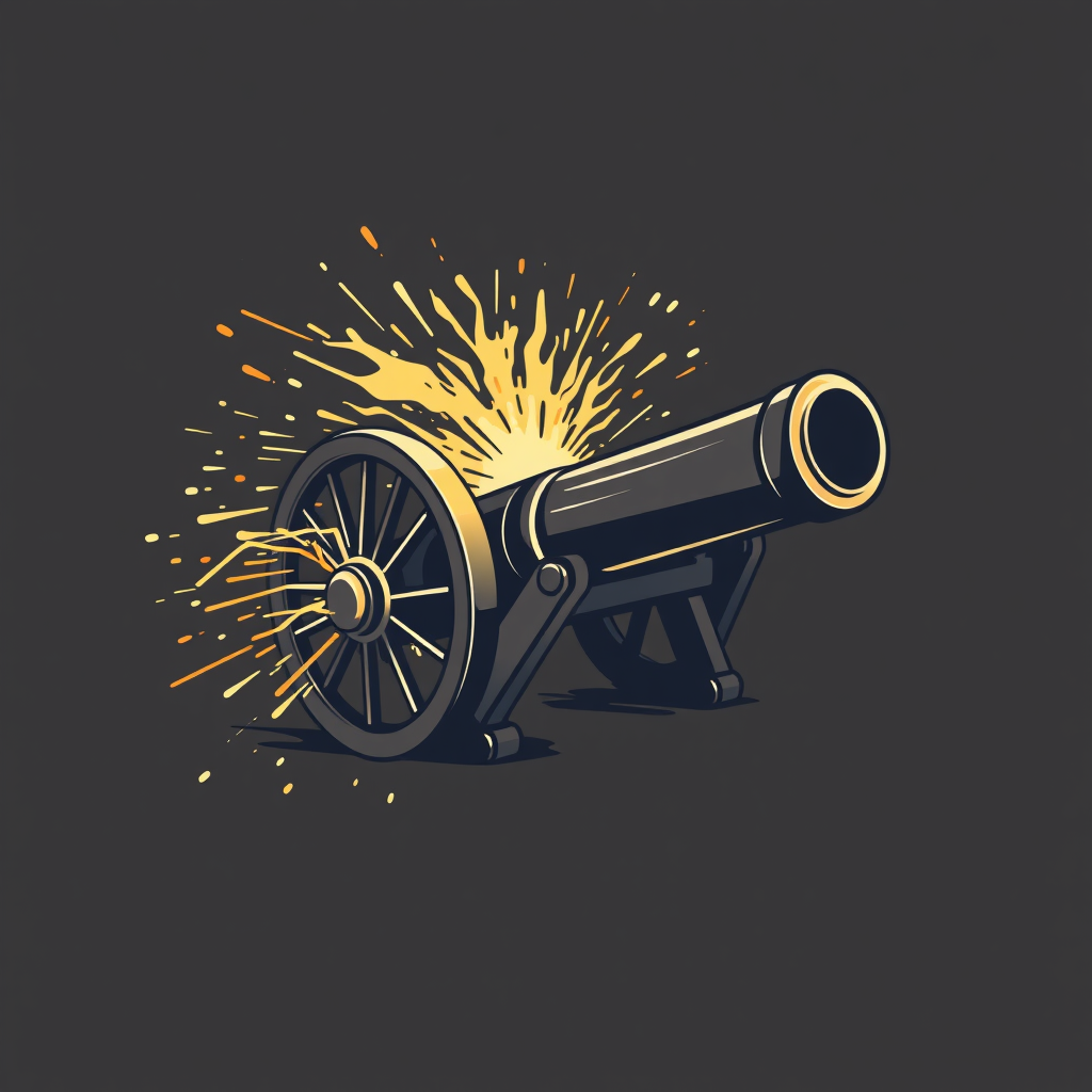 Kinetic Energy Trails: Represent the cannon not by its static form but by the abstract representation of a cannonball's trajectory or the blast energy. Use dynamic, sweeping lines and explosive particle-like elements.