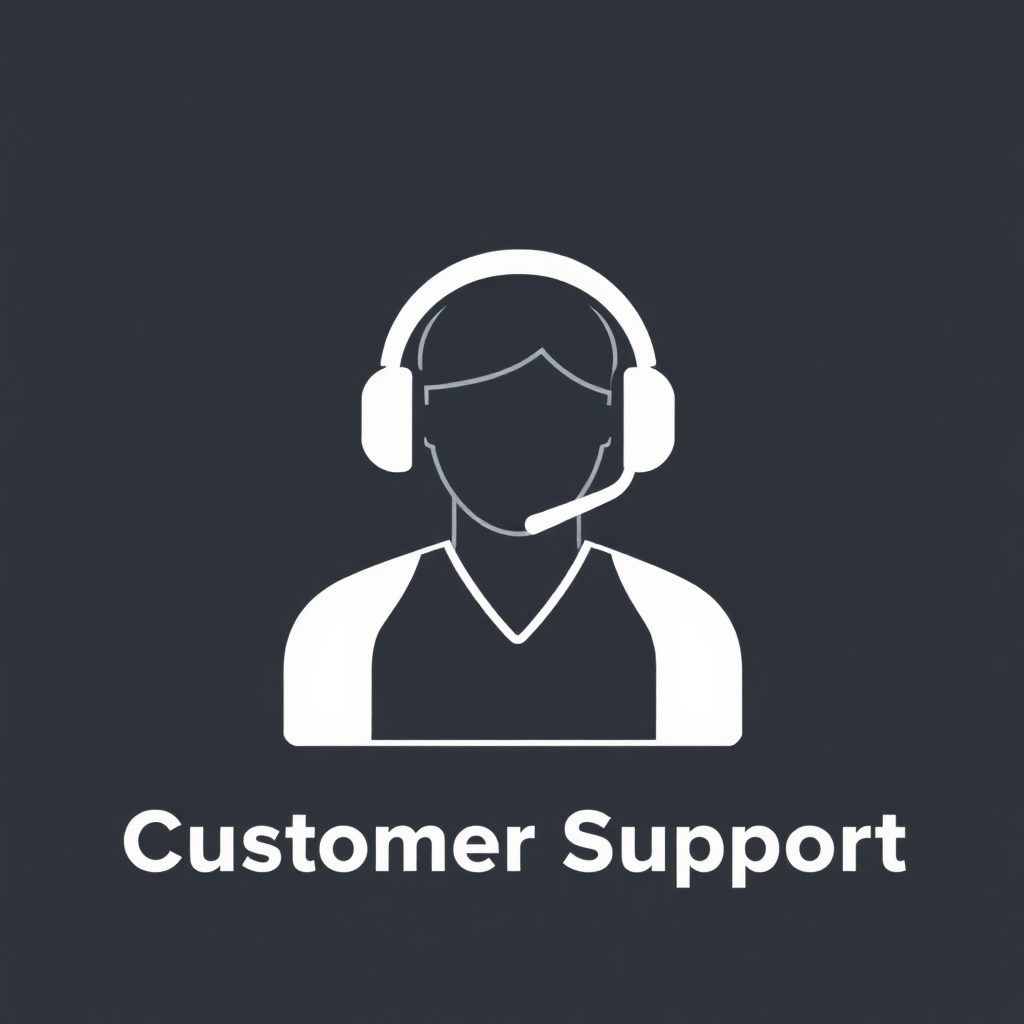 The image is a simple illustration of a person wearing a headset. The person is shown in a white color and is facing towards the right side of the image. The background is black and the text Customer Support is written in white below the illustration. The illustration is simple and minimalistic, with no other elements or design elements.