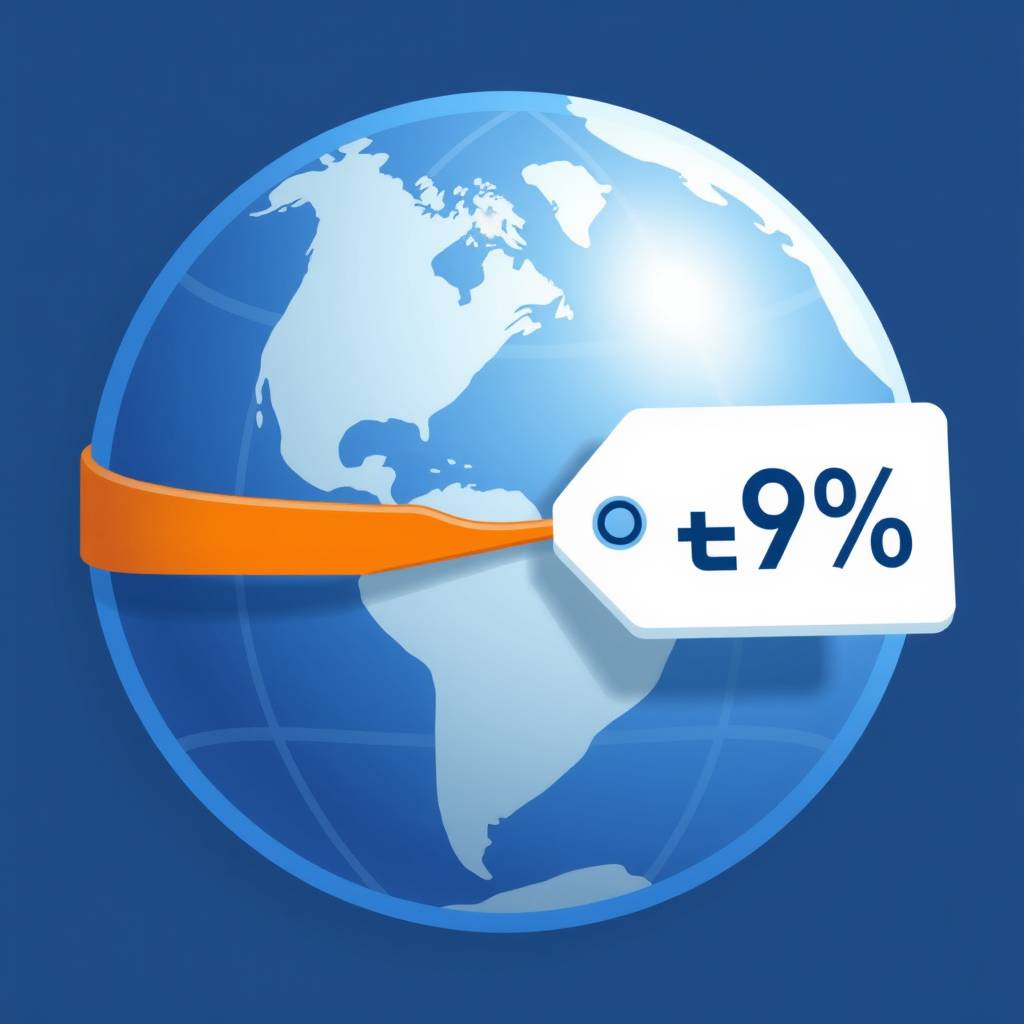 Global Tariffs on Goods Flow: A globe icon featuring an arrow representing goods movement across an international border, with an attached callout or tag clearly showing a percentage (%) and currency symbol, denoting international tariffs.