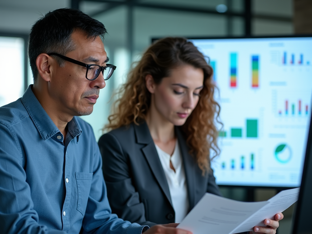 Two department analysts reviewing spreadsheets and charts on a large screen, expressions focused as they analyze the data for better resource allocation.