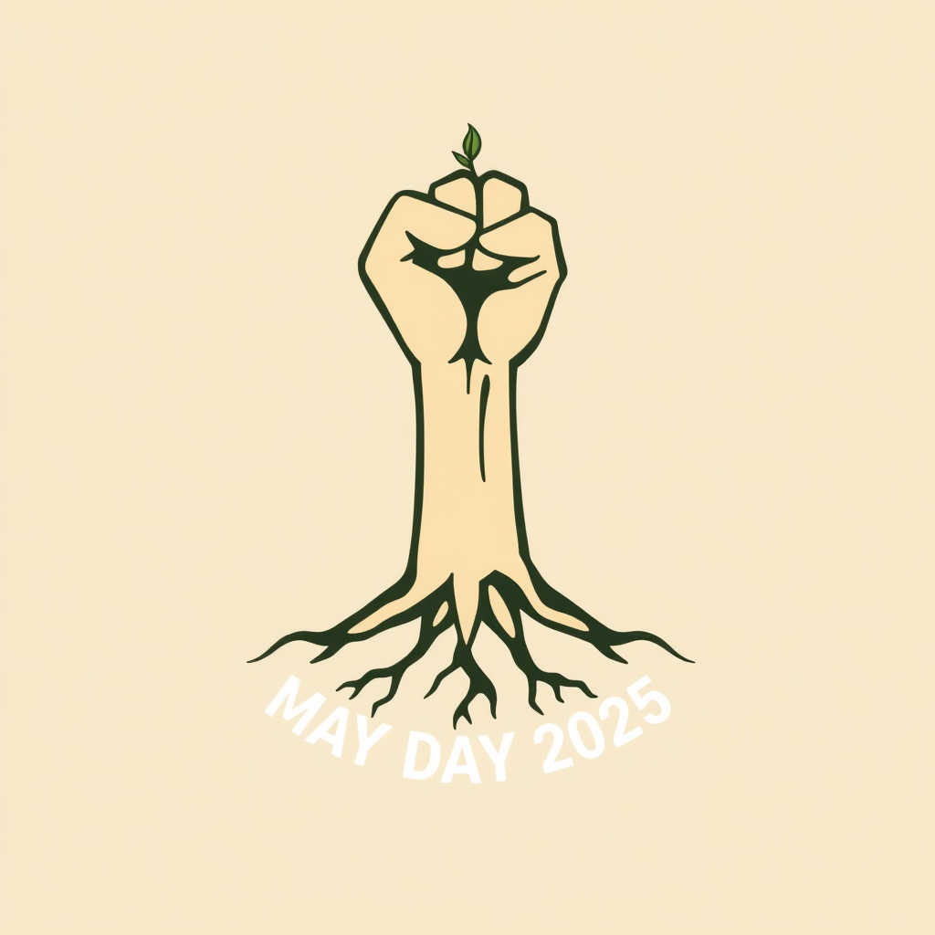 Sub-design Idea 5: A fist emerging from a sprouting plant or tree, symbolizing growth, resilience, and grassroots solidarity. The roots of the plant subtly form a pattern reminiscent of a global map. 'May Day 2025' is clearly displayed.