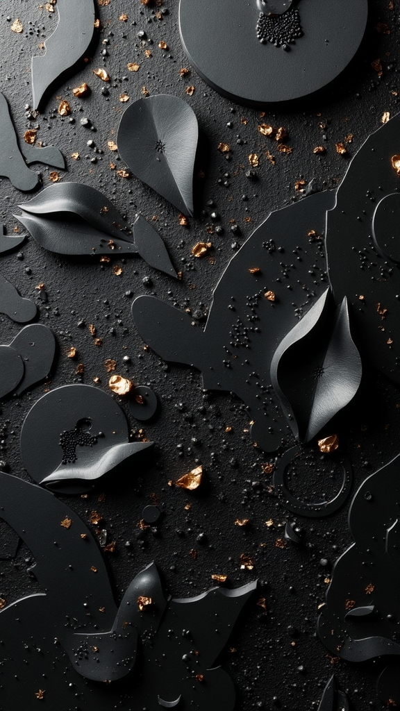 The image shows a black background with gold leaves scattered across it, creating a striking contrast between the two colors. The leaves are intricately detailed and appear to be made of a glossy material, giving the image a luxurious and sophisticated look.