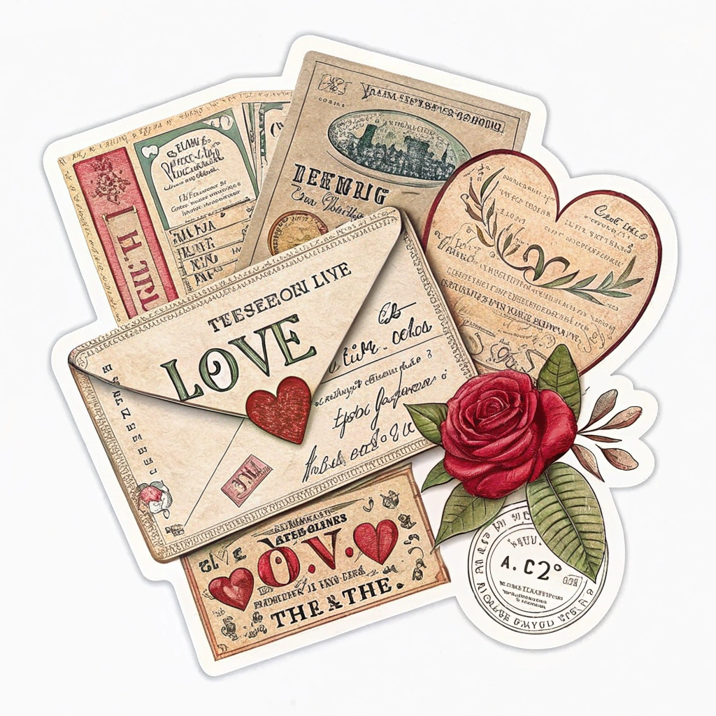 Develop stickers that mimic the appearance of vintage ephemera, like telegrams, postcards, and theatre tickets, all with love-related themes. Use faded colors and antique textures for an authentic look.