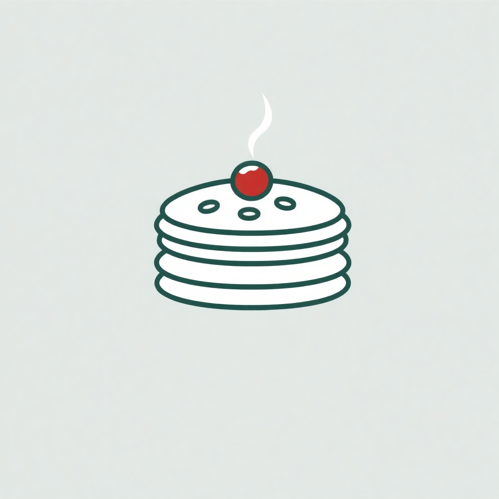 The image is a simple illustration of a stack of pancakes. The pancakes are arranged in a circular pattern, with each stack slightly overlapping the one below it. On top of the stack, there is a small red cherry on top. The cherry is placed in the center of each stack and is slightly tilted to the right. The background is a light green color, and the overall design is simple and minimalistic.