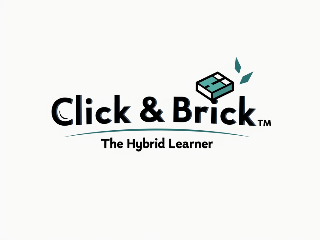 A design with two interconnected icons: a stylized mouse cursor (or laptop icon) and a brick icon, linked by a dynamic line or a subtle bridge. 'Click & Brick' is integrated with the icons, and 'The Hybrid Learner' is positioned as a supportive tagline.