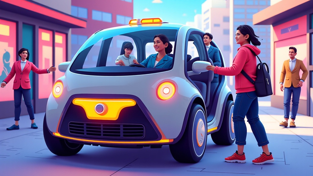 Illustration focusing on the robotaxi's smart assistance features, such as AI-powered visual recognition guiding a passenger to the vehicle, or the vehicle automatically adjusting seat configurations for different mobility aids upon booking.