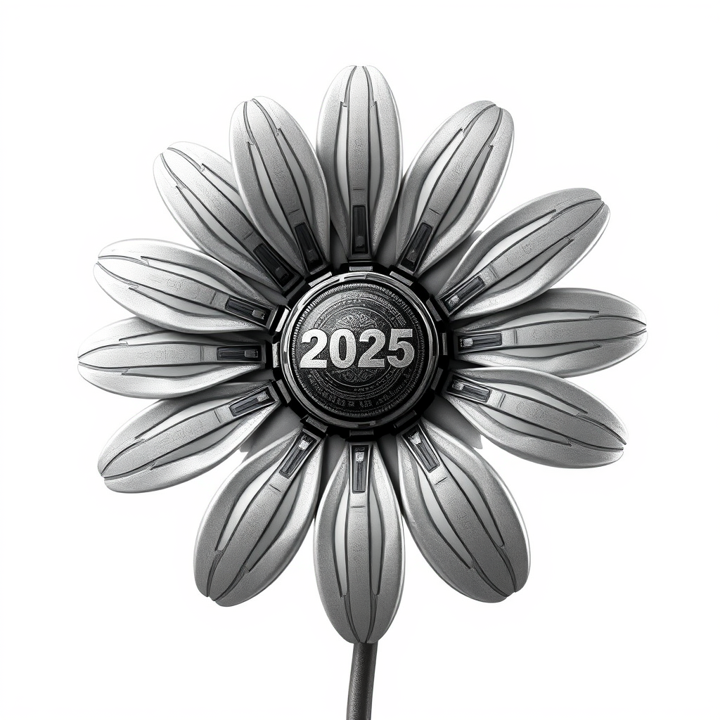 Sub-Design Idea 5: 'Robotic Petal Daisy' - A daisy with petals that look like articulated robotic components, etched with circuit pathways. The center could be a lens or an energy core. The 'Kinetic' aspect is hinted at by visible joints and segmentation. '2025' is stenciled in a futuristic font on a metallic segment of a petal.