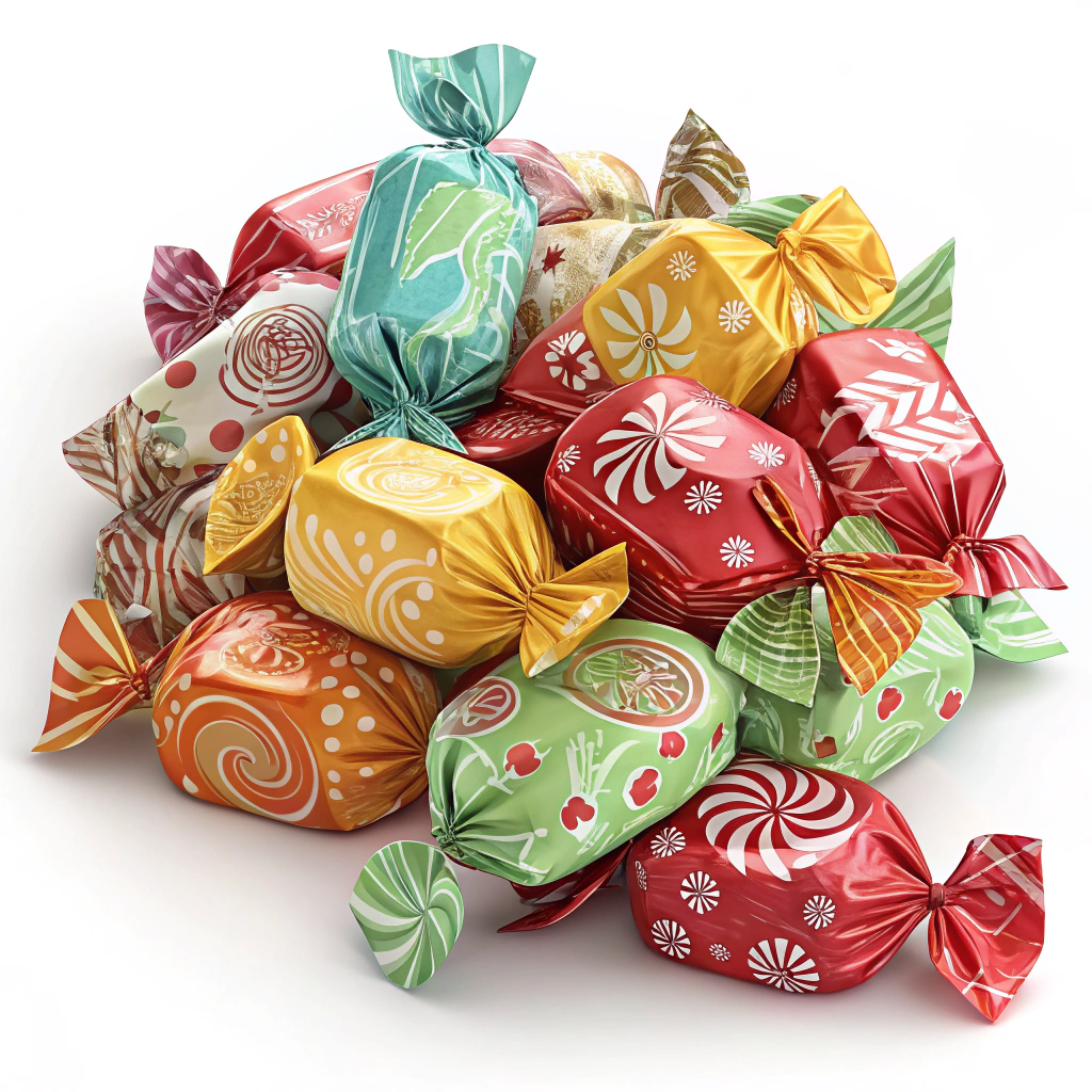 A pile of assorted wrapped candies, with some wrappers slightly crinkled.