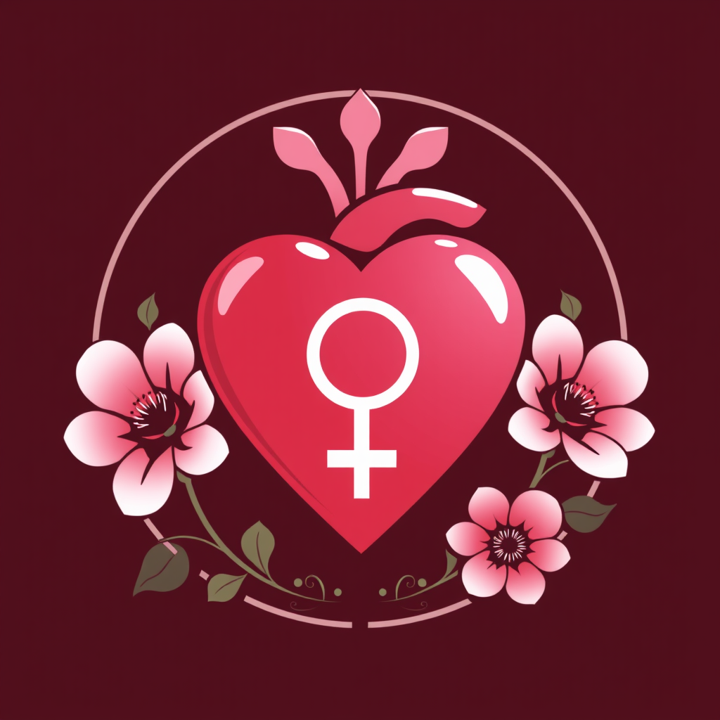 A heart with a female symbol inside, surrounded by flowers.
