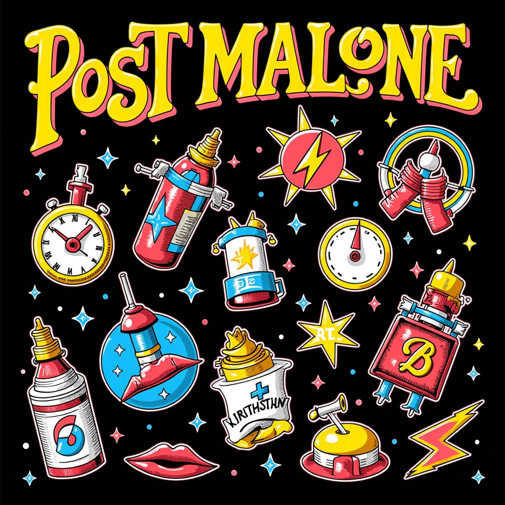 Flash Sheet Anthem: A concert poster designed as a tattoo flash sheet, with each flash piece representing a Post Malone song (anthem) or iconic symbol, rendered in an inked style.