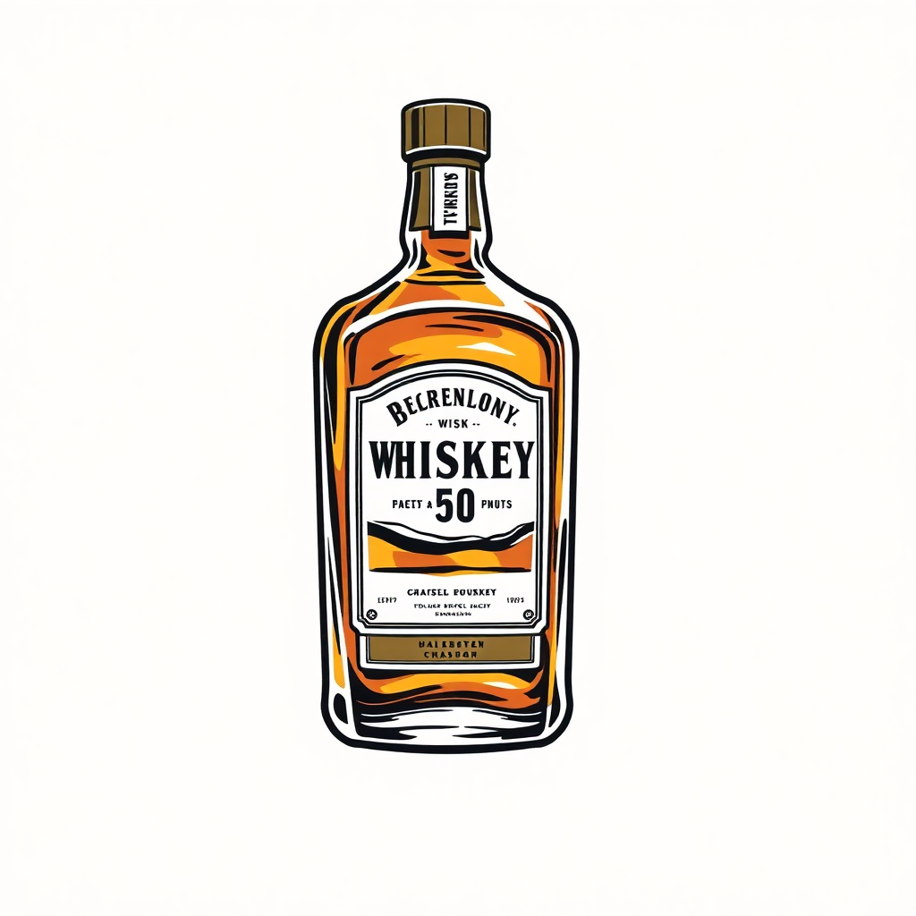 The image is a digital illustration of a bottle of whiskey. The bottle is made of glass and has a cork stopper on top. The label on the bottle is orange in color and has the words Berenglioni Whiskey 50 written in bold black letters. Below the text, there is a smaller text that reads Made in the USA. The bottle appears to be empty and is standing upright on a white background.