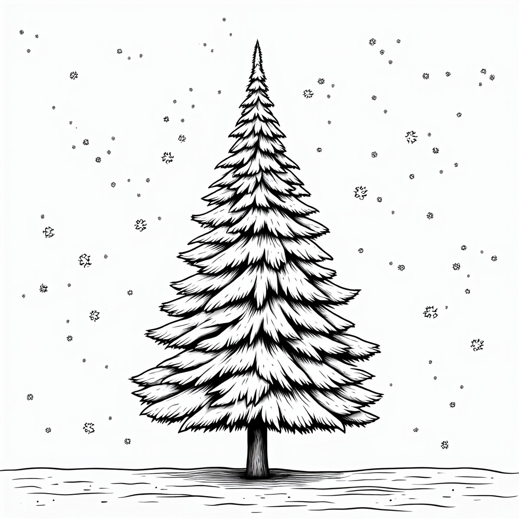 The image is a black and white line drawing of a Christmas tree. The tree is tall and slender with a pointed top and a conical trunk. It is covered in snowflakes, giving it a wintery appearance. The background is plain white, making the tree stand out. There are small snowflake-like objects scattered around the tree, adding to the wintery feel of the image. The overall mood of the illustration is peaceful and serene.