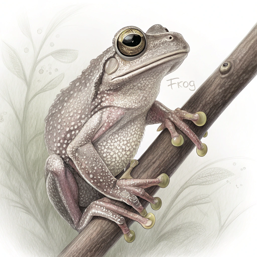 Close-up perspective focusing on the frog's textured skin and adhesive toe pads gripping the branch. The background is softly blurred. Minimal text integrated onto the branch itself.