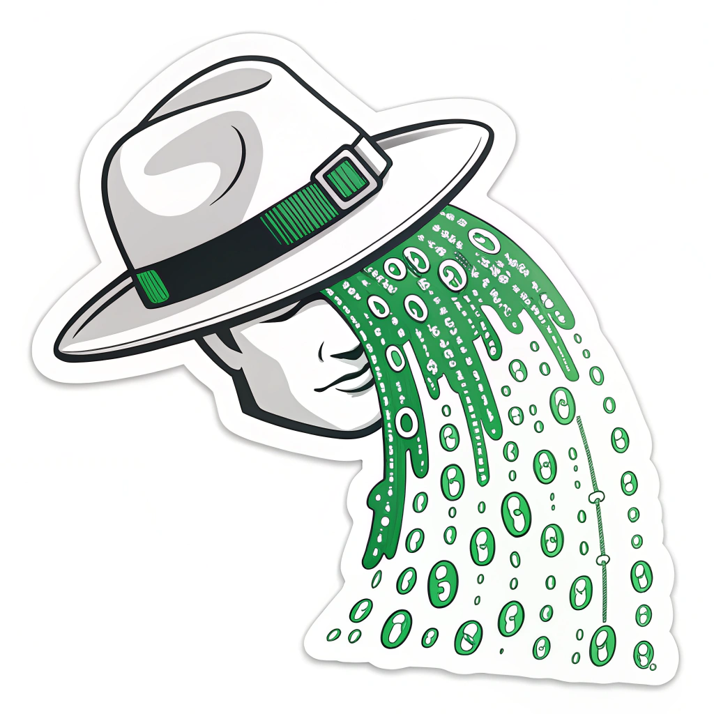Ethical Hacker: White Hat Emblem - Sub-Design 3: An emblem showcasing a white hat from which streams of benign, green-colored code (e.g., stylized 0s and 1s or safe script symbols) flow gracefully, illustrating mastery over code for defensive and ethical purposes.