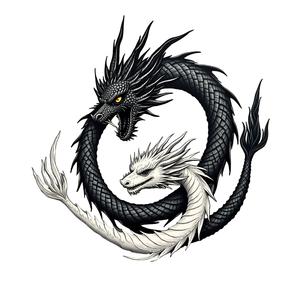 A yin-yang dragon tattoo depicts two dragons in perfect balance, their bodies curved into the iconic symbol, representing harmony and duality.