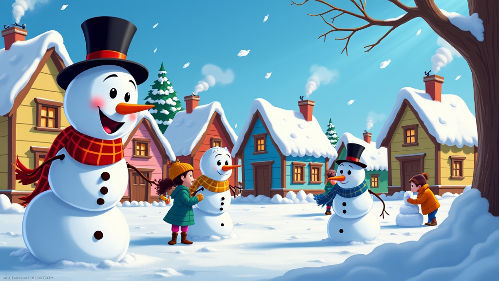 The image shows a group of children playing with snowmen in the snow. The snowmen are wearing hats and scarves, and one of them is wearing a top hat. In the background, there are houses covered in snow, trees, and a sky with clouds. There is also a tree on the right side of the image.