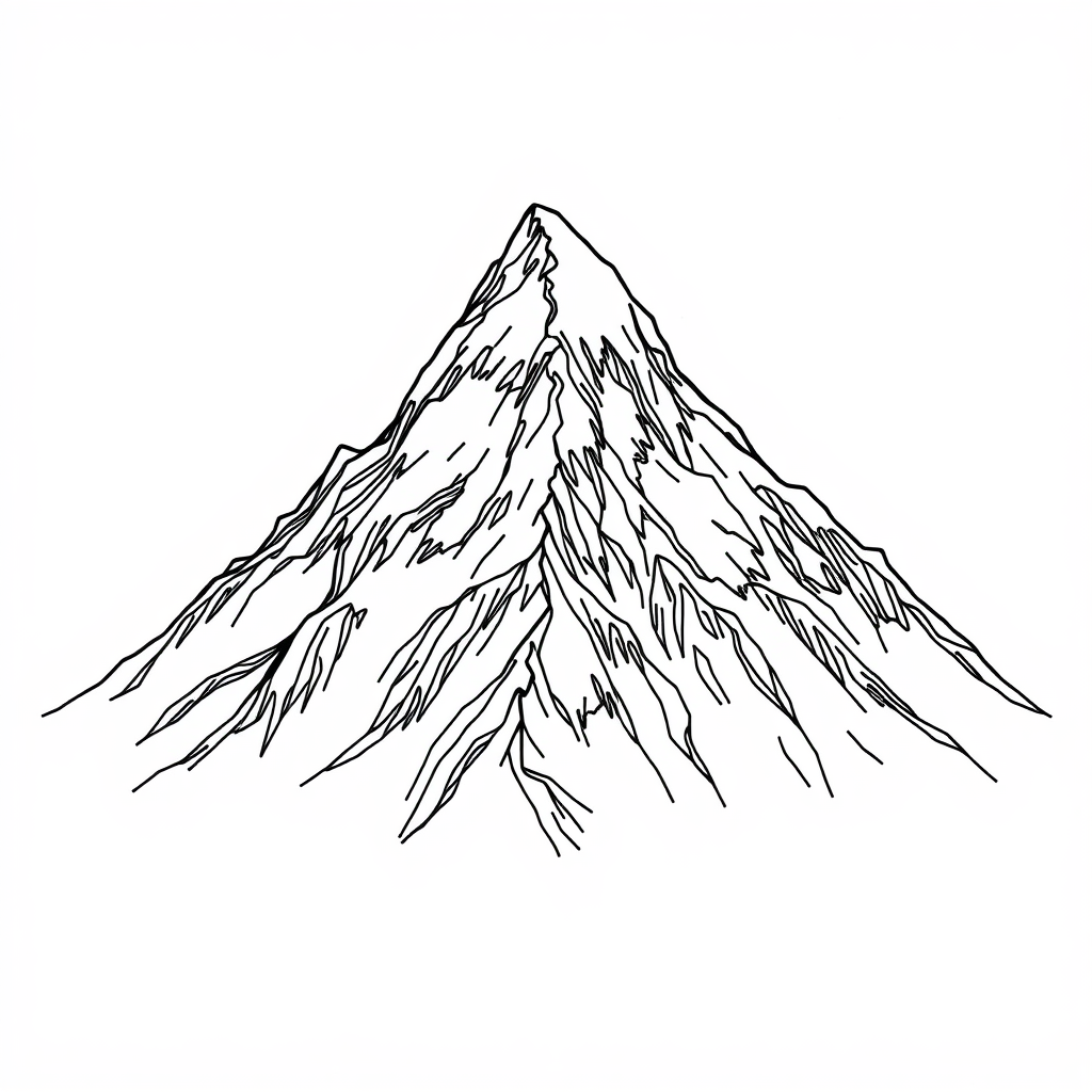 A detailed line drawing of a mountain peak with visible snow caps, creating a sense of elevation and pristine beauty. The line work could be thin and elegant, focusing on accuracy.