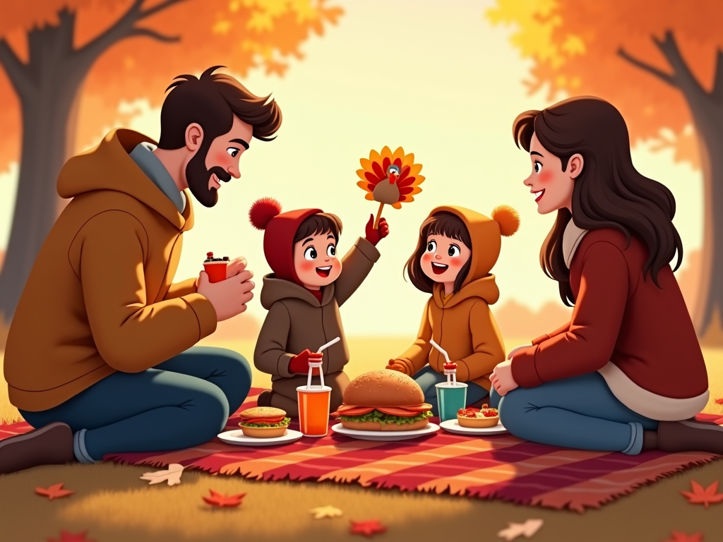 A cartoon Thanksgiving dinner in an outdoor picnic setting. A plaid blanket acts as a makeshift table adorned with sandwiches, mini pies, and colorful drinks in flasks. Family members don cozy jackets as fall leaves scatter around them; a child in mittens waves a turkey-shaped paper fan, making the moment uniquely heartwarming.