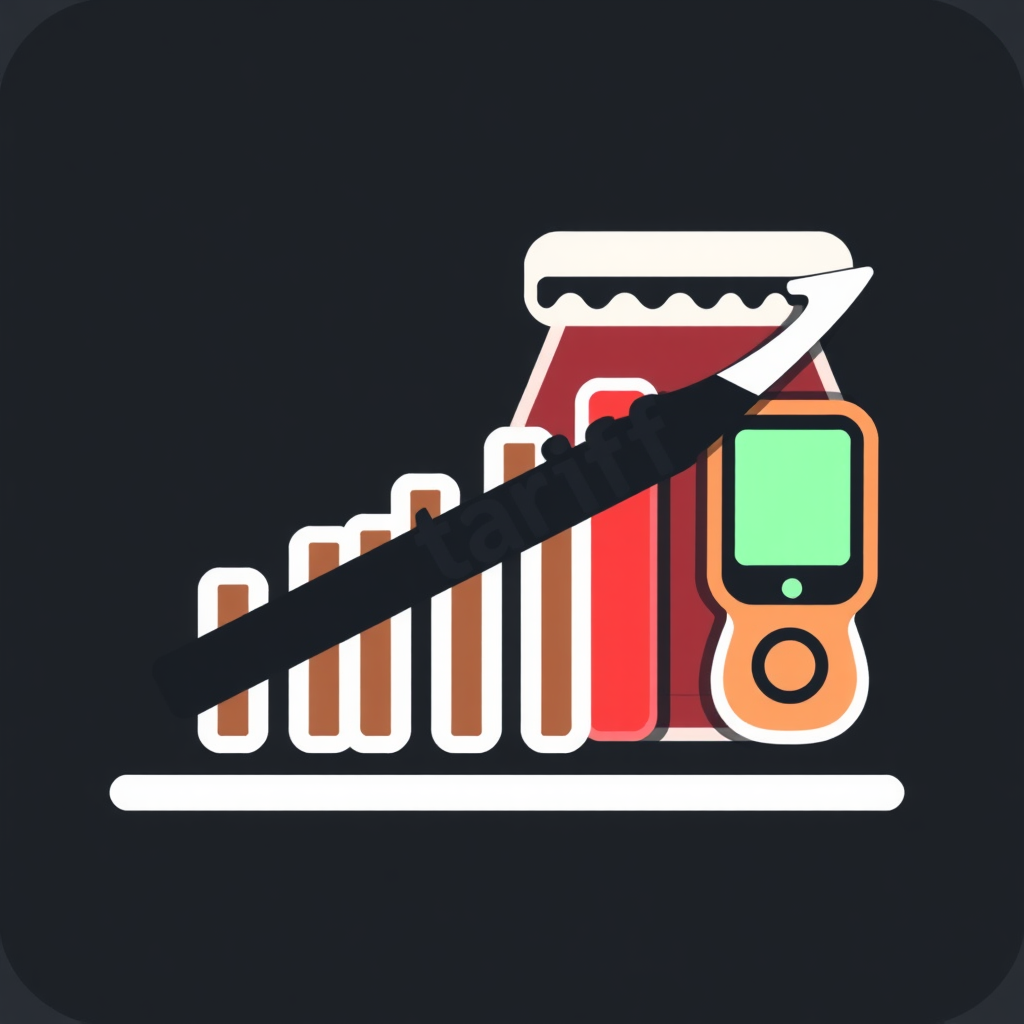 An icon combining a bar graph showing escalating price bars next to a consumer-facing product (like a food item or electronic device). A distinct 'tariff' line or layer cuts across the bars or points to the increase, visually attributing the higher consumer cost to tariffs.