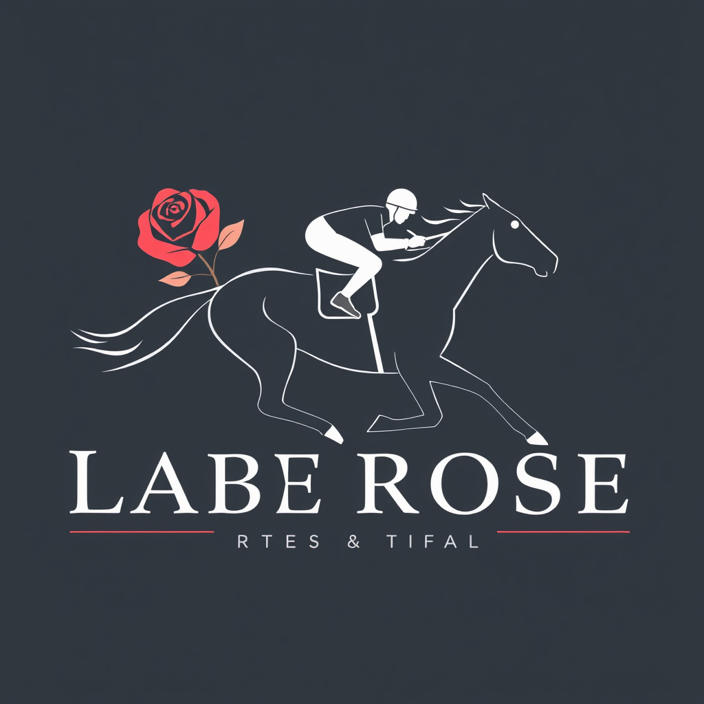 Sub-design Idea 1: Modern Silhouette & Rose Accent. A sleek, minimalist silhouette of a racehorse and jockey mid-stride, accented by a single, stylized rose. The design emphasizes flowing lines and modern, elegant typography.