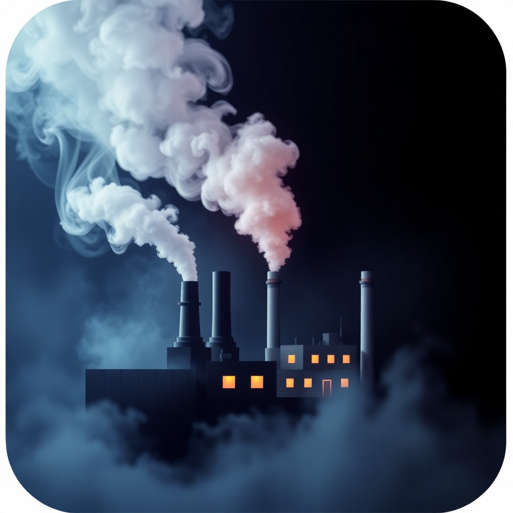 The image is a digital illustration of a factory with smoke coming out of its chimneys. The factory is black in color and has multiple tall chimneys with orange lights on them. The smoke is white and billowing upwards, creating a hazy effect. The background is dark, making the factory stand out even more. The overall mood of the image is ominous and ominous.