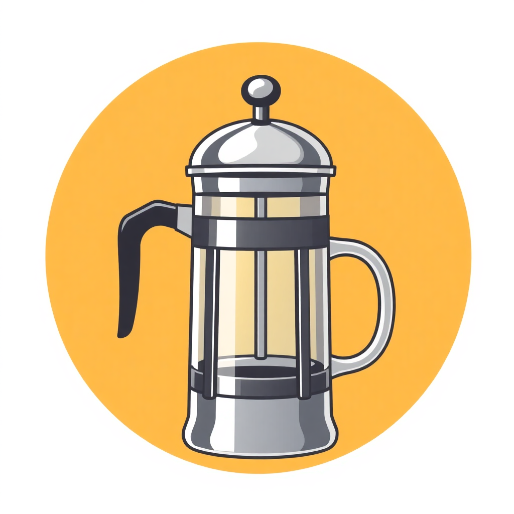 The image is an illustration of a French press coffee maker. It is a stainless steel french press with a black handle and a silver lid. The lid has a small knob on top, which is likely used to open and close the lid. Inside the French press, there is a glass jar with a handle on one side and a spout on the other. The jar is filled with a dark liquid, which appears to be freshly brewed coffee. The background is a bright yellow circle.