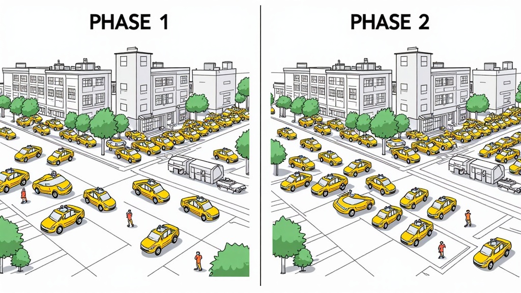 A comparative cityscape transformation: illustrate the same street corner or urban vista in two phases. Phase 1: dominated by traditional taxis, traffic congestion, and dated infrastructure. Phase 2: the same location, now showing organized robotaxi flow, more pedestrian space, green areas, and integrated smart city elements.