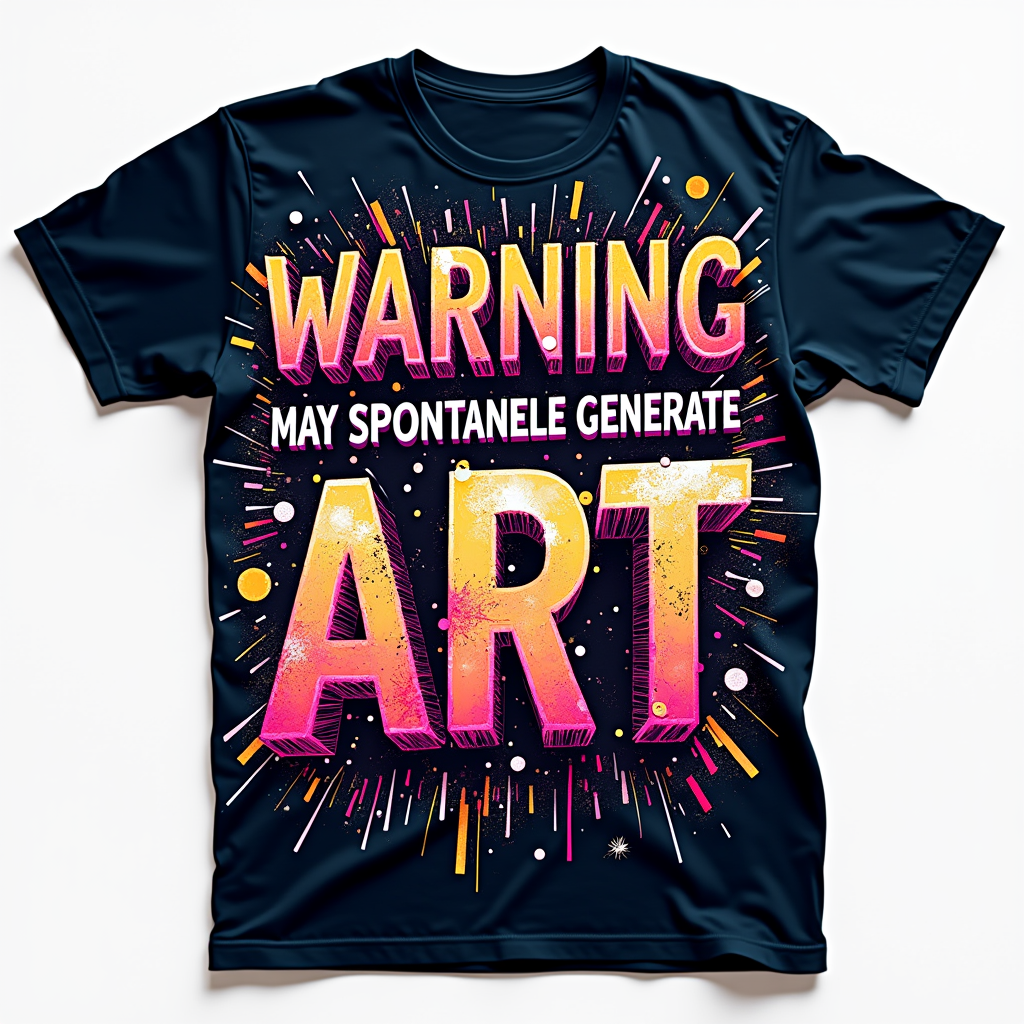 Glitchy Warning: The slogan 'Warning: May Spontaneously Generate Art (On My Shirt)' rendered in a dynamic digital glitch font, with abstract, colorful AI-generated patterns appearing to 'erupt' or form around the text.