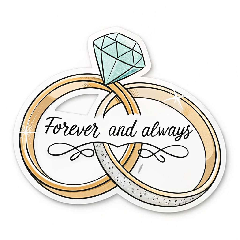 A sticker showcasing a pair of intertwined rings with a quote, 'Forever and Always'.