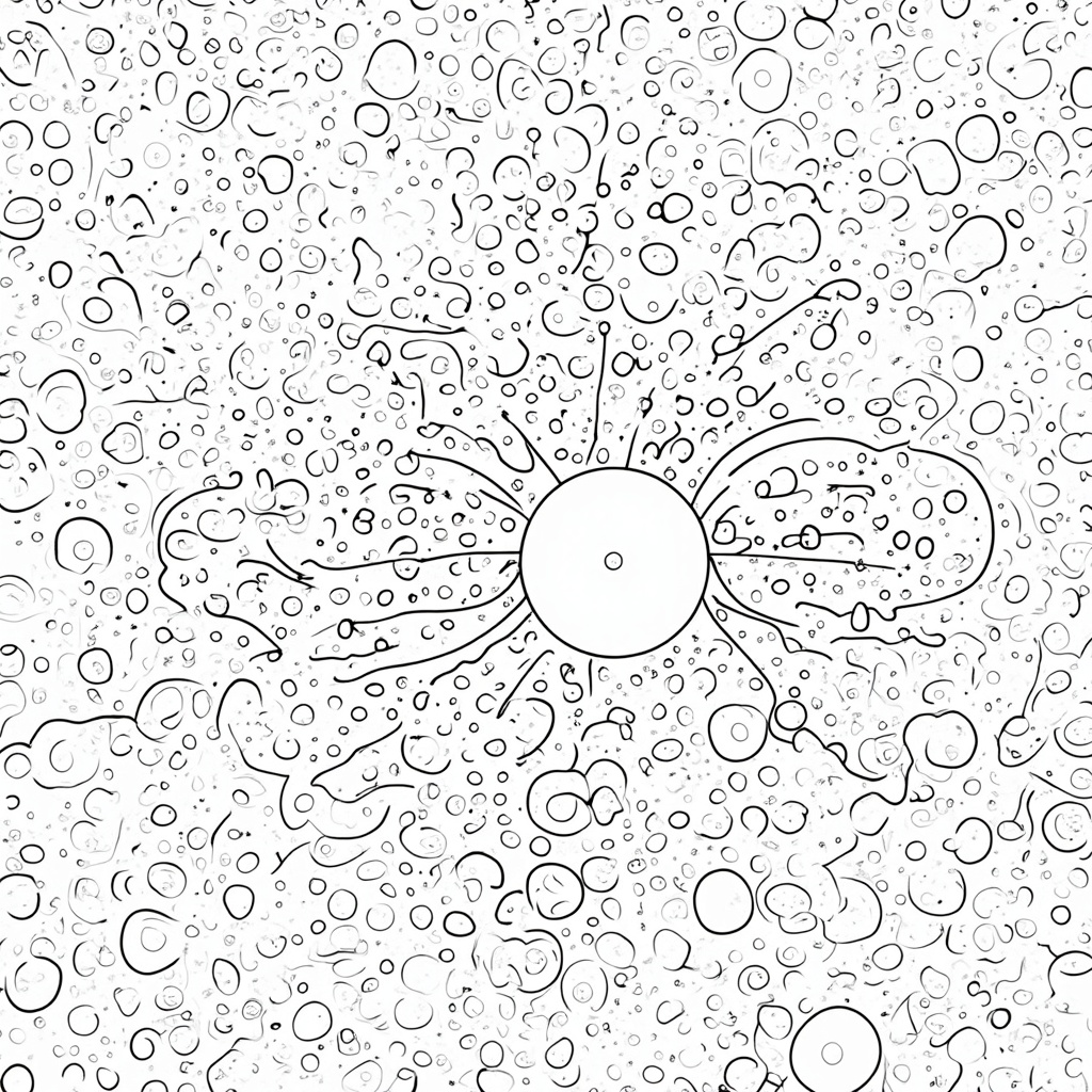 Coloring Page Design: Illustration of a subatomic particle (e.g., photon or electron) navigating through a dense, dynamic field of spacetime bubbles, emphasizing the particle's path and interaction with the foam.