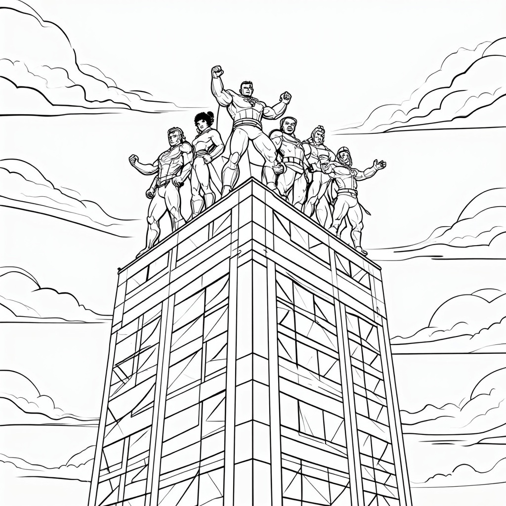 Design Idea 5: A ground-level perspective looking up at the diverse group of heroes standing proudly on top of a building or monument, conveying strength, diversity, and protection.