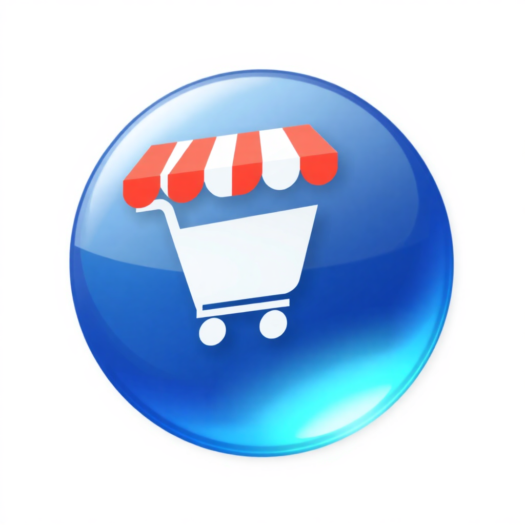 The image is a round, blue button with a white background. In the center of the button, there is a white shopping cart with a red and white striped awning on top. The cart has four wheels and appears to be empty. The overall design is simple and minimalistic.