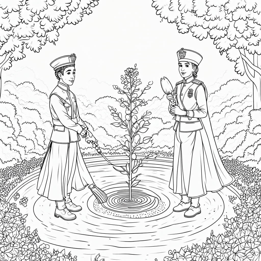 Royal Rosarians participating in a symbolic tree planting or rose planting ceremony, with tools and a young rose bush, set against a backdrop of a park or garden.