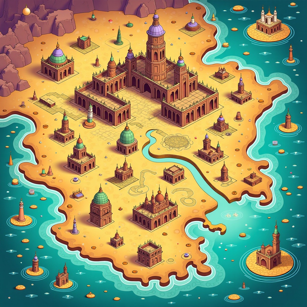 Interactive Overworld Map Layout: Design an illustrative map of the Arabian Nights world (Baghdad, mystical deserts, enchanted islands). Users tap on marked locations to enter specific story chapters or scenes, which then unfold with their own illustrated layouts.