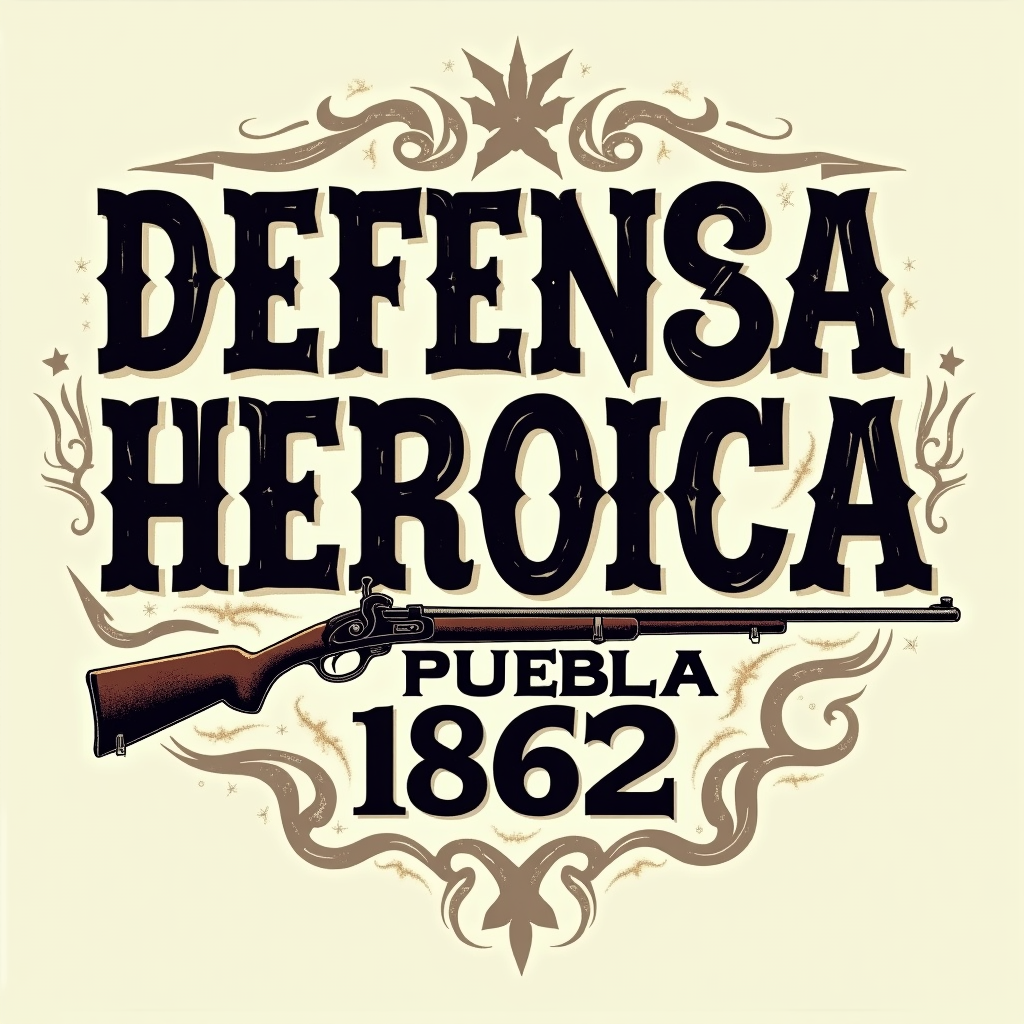 Sub-design 5: 'Defensa Heroica' Typography - A bold typographic T-shirt design featuring the words 'Defensa Heroica - Puebla 1862' (Heroic Defense) intertwined with subtle graphics of period rifles or cannon smoke.