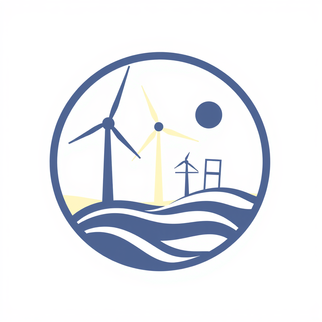 Logo blending silhouettes of a wind turbine, solar panel, and a water wave into a single, cohesive circular emblem representing an all-encompassing renewable energy approach.