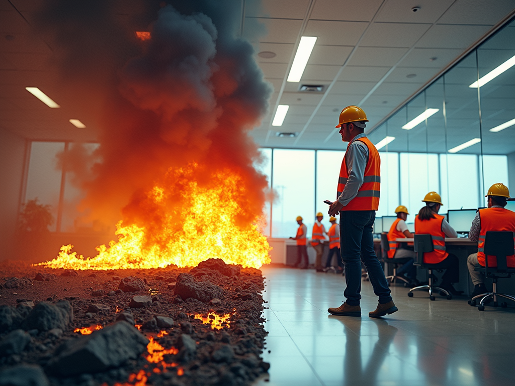 Design featuring split visuals: one side depicts potential hazards (e.g., simulated fire, earthquake tremor effect), the other side shows employees correctly performing the corresponding safety drill procedure.