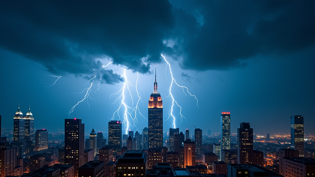 A captivating thunderstorm wallpaper showcasing a vibrant city skyline. Towering skyscrapers stand silhouetted against a backdrop of dark, brooding clouds. Brilliant lightning forks dance between the buildings, their flashes momentarily overpowering the city lights below. This dynamic depiction captures the tension between human-made structures and the untamable forces of nature.